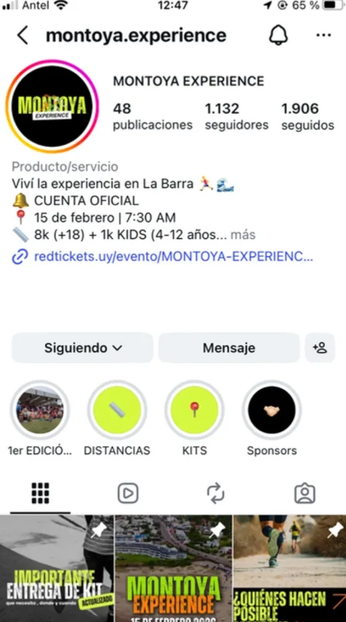Perfil de Montoya Experience en Instagram hoy