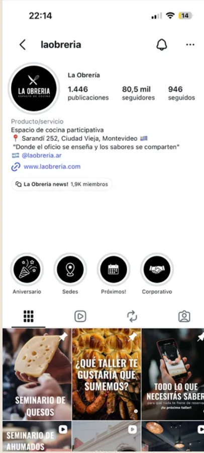 Perfil de La Obrería en Instagram hoy